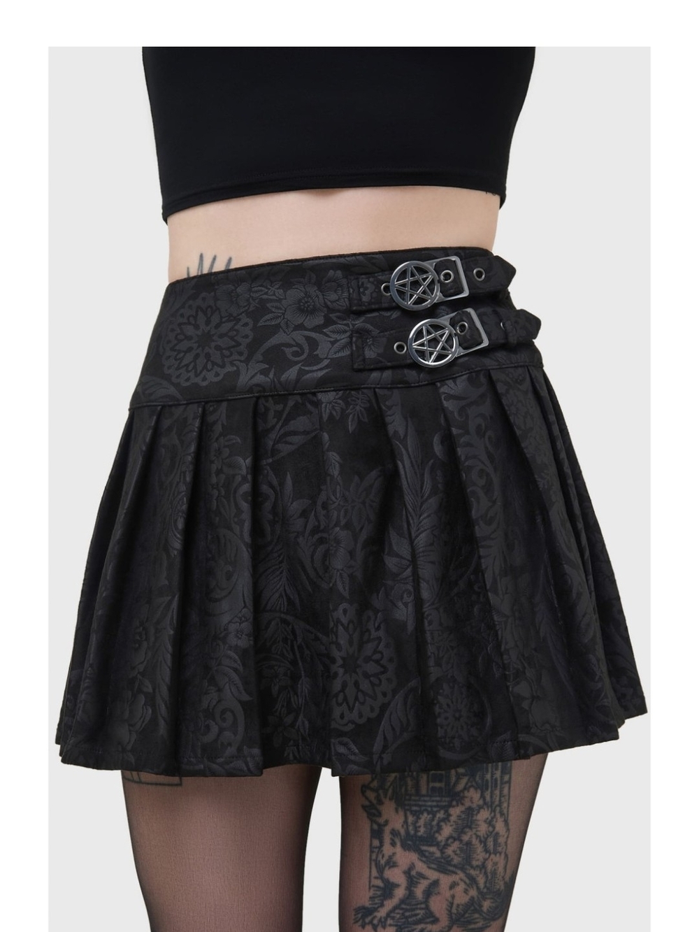 Killstar Black Jacquard Pleated Mini Skirt with Pentagram Buckles